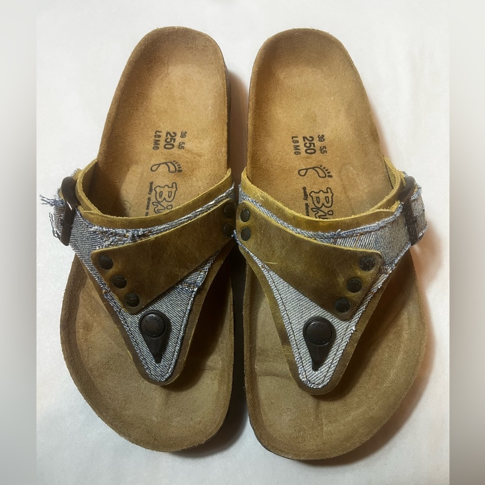 Birki’s Made in Germany Denim Blue and Brown Leather Sandals Women’s Sz 8